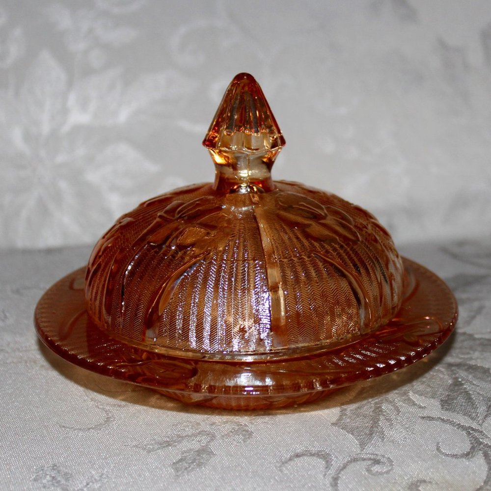 Iris Depression Iridescent Glass Butter Dish | Vintage Jeannette Herringbone